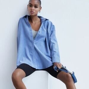 ZARA Oversized LongSleeve Lightweight Micro Corduroy Shirt Button Pockets S Blue